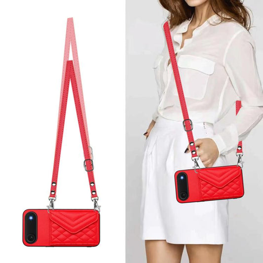 For iPhone Air Rhombic Texture Card Bag RFID Phone Case with Long Lanyard(Red) - iPhone Air Cases by buy2fix | Online Shopping UK | buy2fix