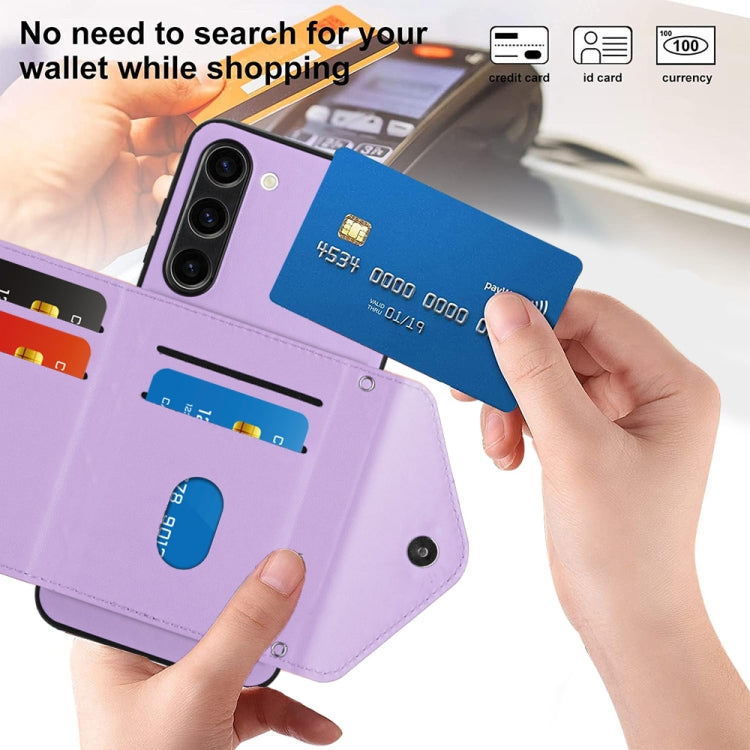 For Samsung Galaxy S23 5G Rhombic Texture Card Bag RFID Phone Case with Long Lanyard(Light Purple) by buy2fix