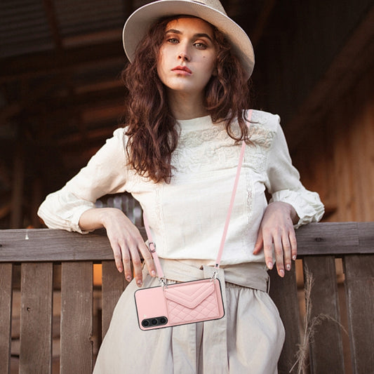 For Samsung Galaxy S23+ 5G Rhombic Texture Card Bag RFID Phone Case with Long Lanyard(Rose Gold) by buy2fix