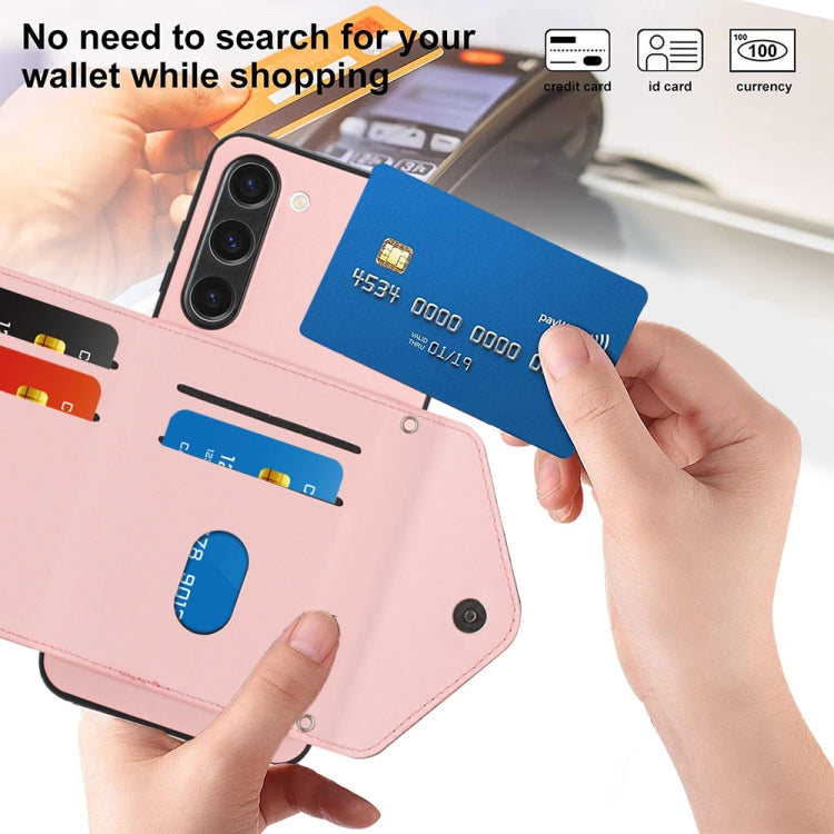 For Samsung Galaxy S23+ 5G Rhombic Texture Card Bag RFID Phone Case with Long Lanyard(Rose Gold) by buy2fix