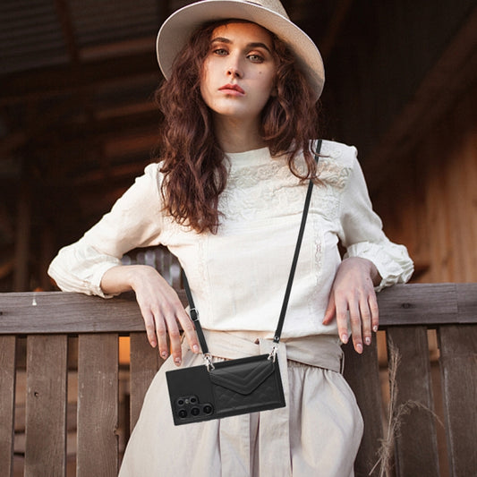 For Samsung Galaxy S24 Ultra 5G Rhombic Texture Card Bag RFID Phone Case with Long Lanyard(Black) by buy2fix