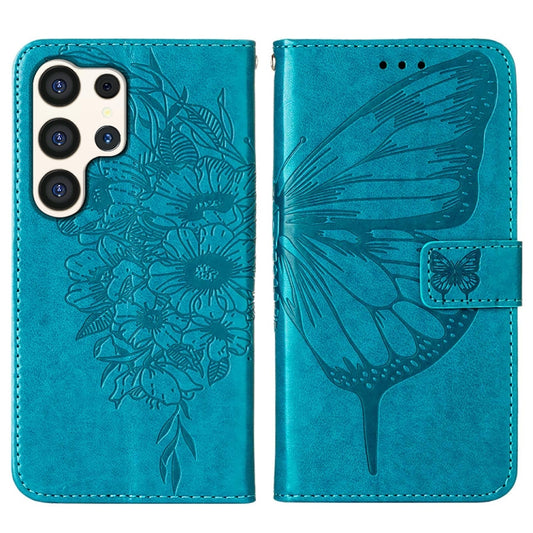 For Samsung Galaxy S24 Ultra 5G Embossed Butterfly Leather Phone Case(Blue) by buy2fix