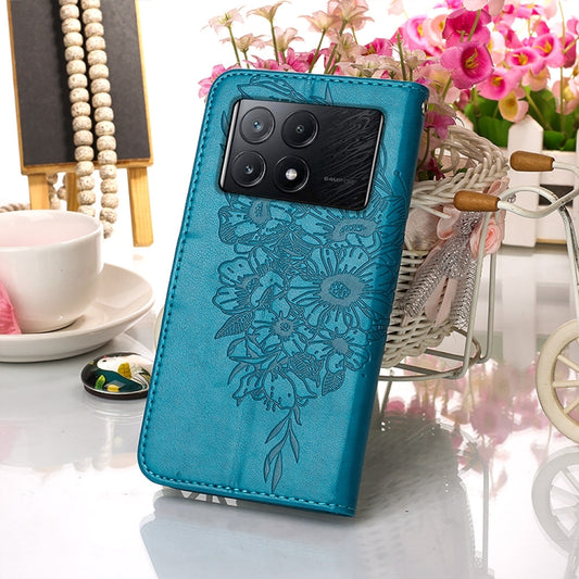 For Xiaomi Redmi K70E Embossed Butterfly Leather Phone Case(Blue) by buy2fix
