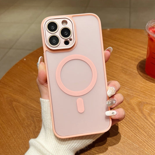 For iPhone 15 Skin Feel MagSafe Phone Case with Lens Film(Pink) by buy2fix