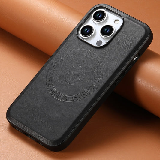 For iPhone 15 Denior Cowhide Texture Leather MagSafe Phone Case(Black) by Denior