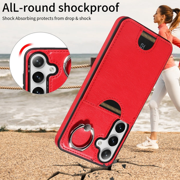 For Samsung Galaxy S24 5G Calf Texture Card Slot Ring Holder Phone Case(Red) by buy2fix