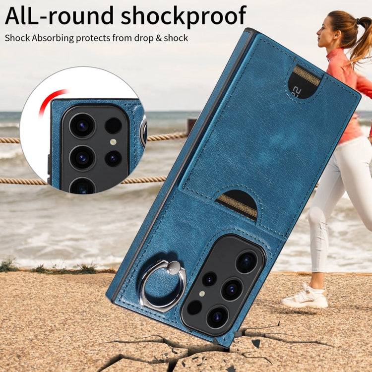 For Samsung Galaxy S23 Ultra 5G Calf Texture Card Slot Ring Holder Phone Case(Blue) by buy2fix
