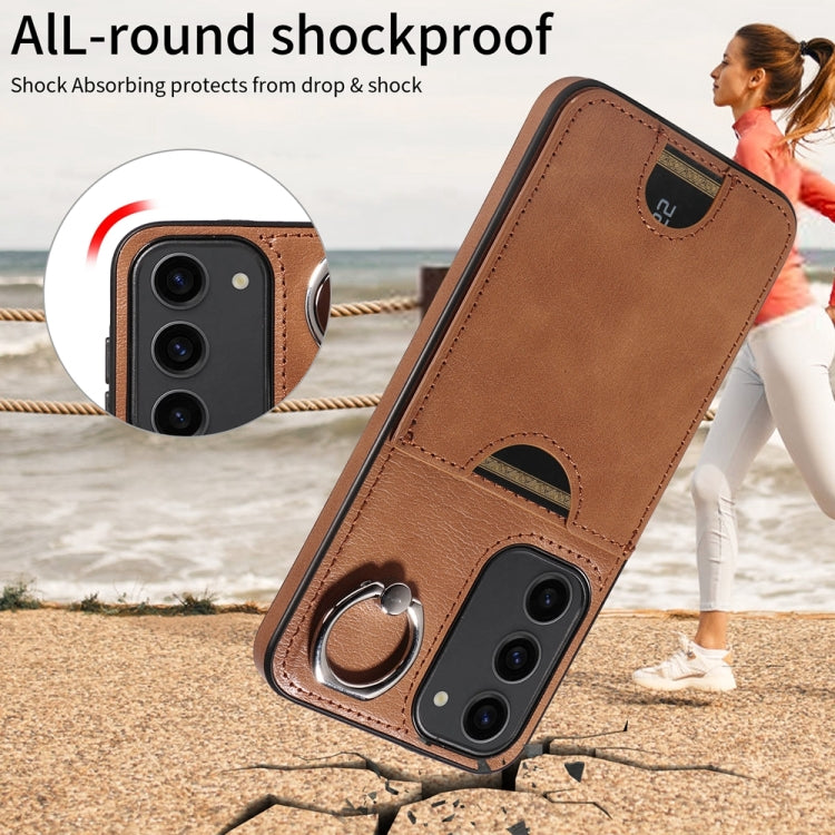 For Samsung Galaxy S23+ 5G Calf Texture Card Slot Ring Holder Phone Case(Brown) by buy2fix