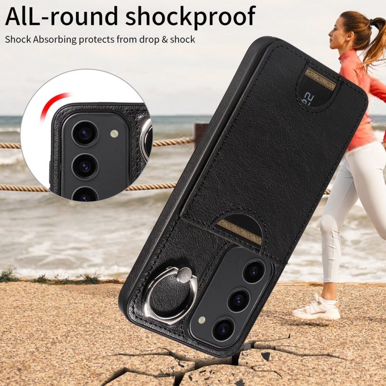 For Samsung Galaxy S23 5G Calf Texture Card Slot Ring Holder Phone Case(Black) by buy2fix