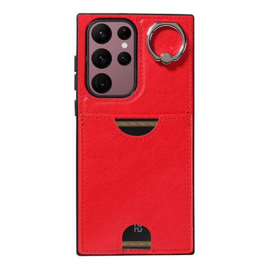 For Samsung Galaxy S22 Ultra 5G Calf Texture Card Slot Ring Holder Phone Case(Red) by buy2fix