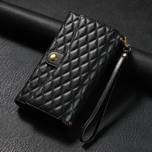 For iPhone 15 Zipper Multi-Card Wallet Rhombic Leather Phone Case(Black) - iPhone 15 Cases by buy2fix | Online Shopping UK | buy2fix