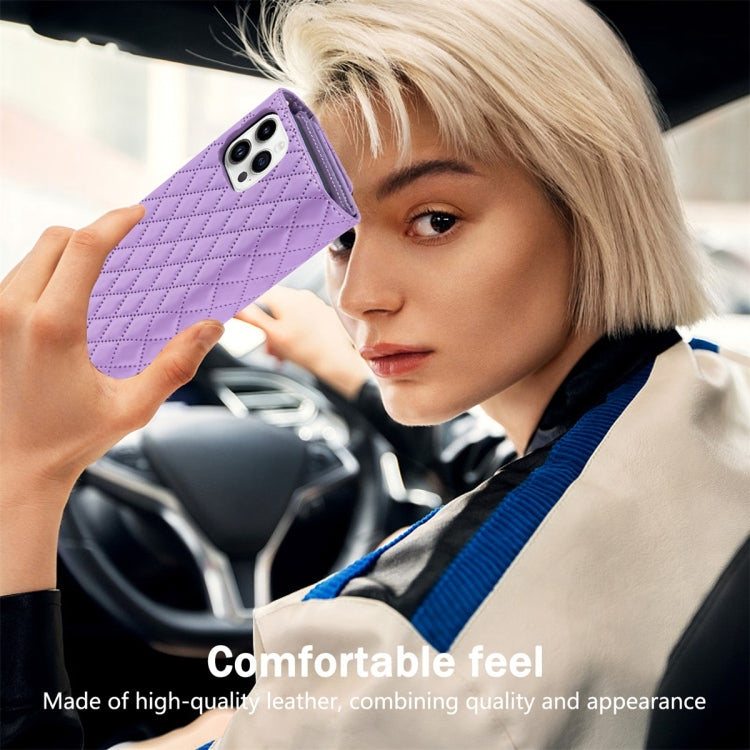 For iPhone 14 Pro Max Zipper Multi-Card Wallet Rhombic Leather Phone Case(Purple) - iPhone 14 Pro Max Cases by buy2fix | Online Shopping UK | buy2fix