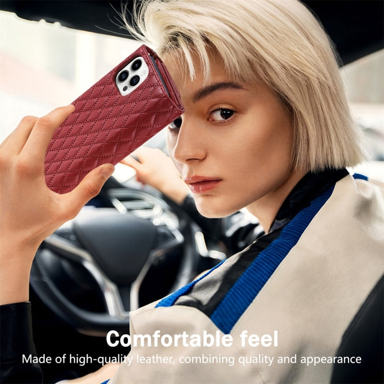 For iPhone 13 Pro Zipper Multi-Card Wallet Rhombic Leather Phone Case(Red) - iPhone 13 Pro Cases by buy2fix | Online Shopping UK | buy2fix