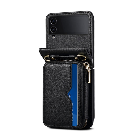 For Samsung Galaxy Z Flip3 Folding Leather Phone Case with Long Lanyard(Black) - Galaxy Phone Cases by buy2fix | Online Shopping UK | buy2fix