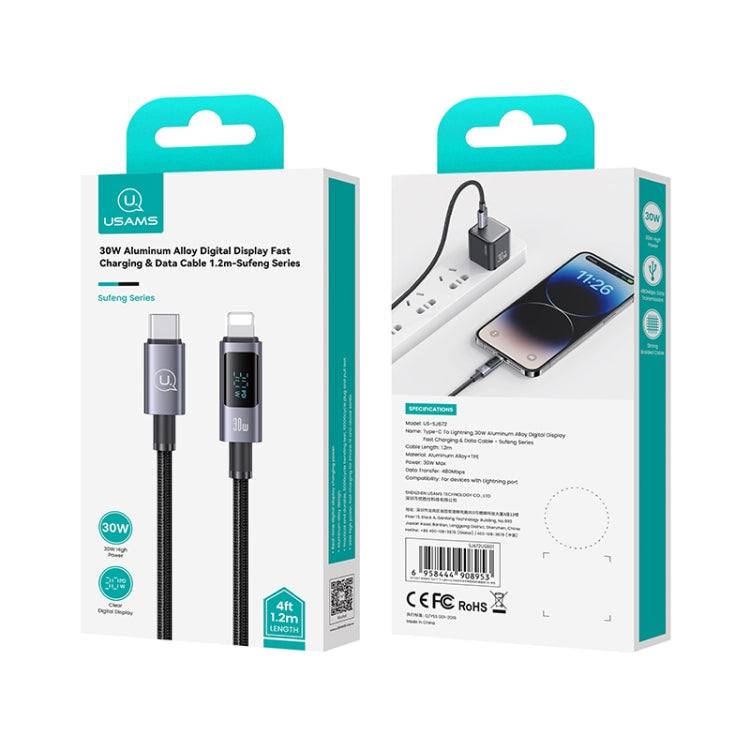 USAMS US-SJ672 Type-C To 8 Pin 30W Fast Charge Digital Display Data Cable, Length: 1.2m(Black) by USAMS