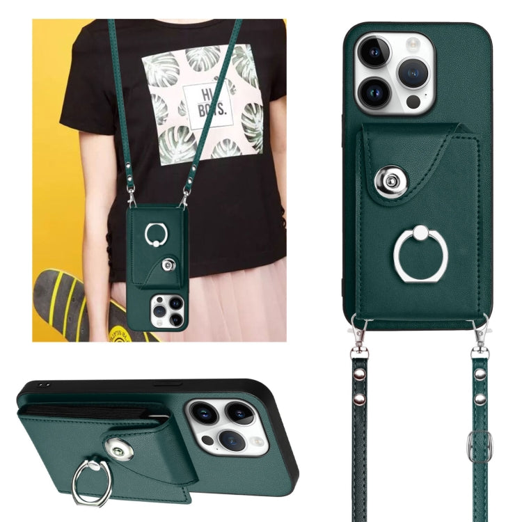 For iPhone 16 Pro Organ Card Bag Ring Holder Phone Case with Long Lanyard(Green) by buy2fix