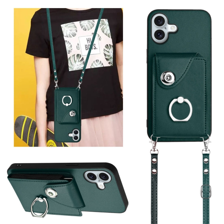 For iPhone 16 Plus Organ Card Bag Ring Holder Phone Case with Long Lanyard(Green) by buy2fix