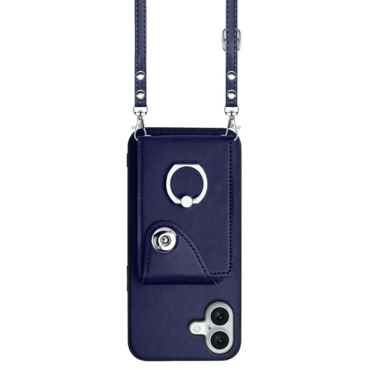 For iPhone 16 Plus Organ Card Bag Ring Holder Phone Case with Long Lanyard(Blue) by buy2fix