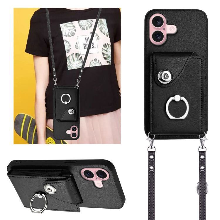 For iPhone 16 Organ Card Bag Ring Holder Phone Case with Long Lanyard(Black) by buy2fix