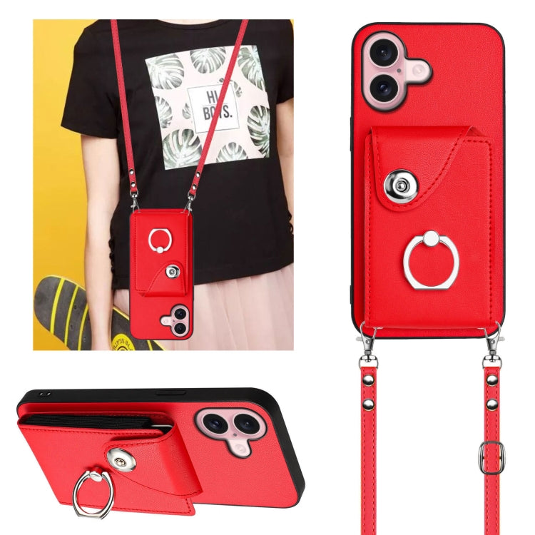 For iPhone 16 Organ Card Bag Ring Holder Phone Case with Long Lanyard(Red) by buy2fix