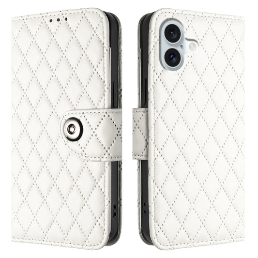 For iPhone 16 Plus Rhombic Texture Flip Leather Phone Case with Lanyard(White) by buy2fix