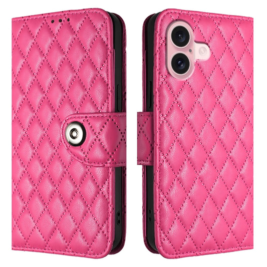 For iPhone 16 Rhombic Texture Flip Leather Phone Case with Lanyard(Rose Red) by buy2fix