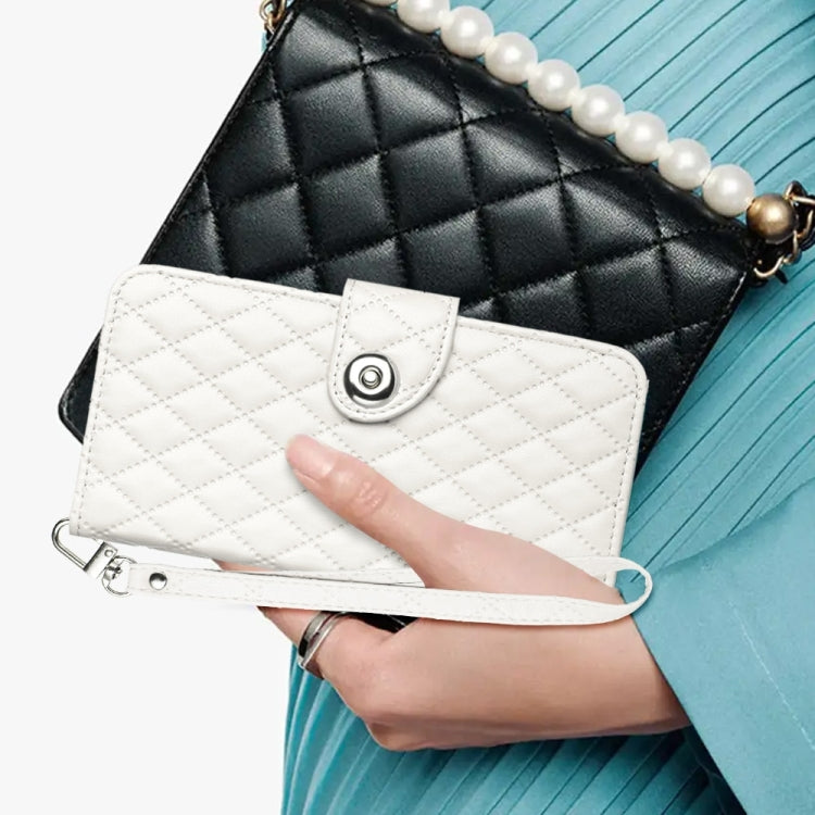 For iPhone 16 Rhombic Texture Flip Leather Phone Case with Lanyard(White) by buy2fix