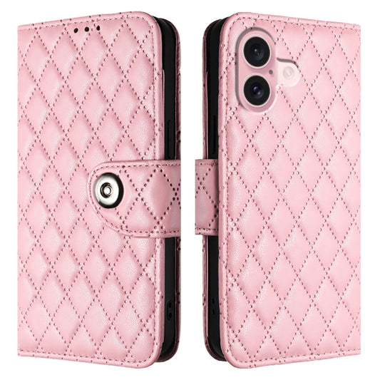 For iPhone 16 Rhombic Texture Flip Leather Phone Case with Lanyard(Pink) by buy2fix