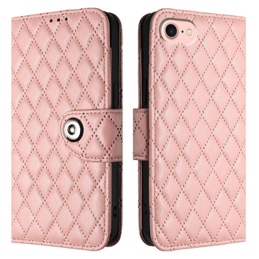 For iPhone SE 2024 Rhombic Texture Flip Leather Phone Case with Lanyard(Coral Pink) by buy2fix