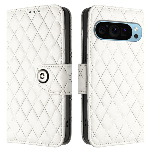 For Google Pixel 9 / Pixel 9 Pro Rhombic Texture Flip Leather Phone Case with Lanyard(White) by buy2fix