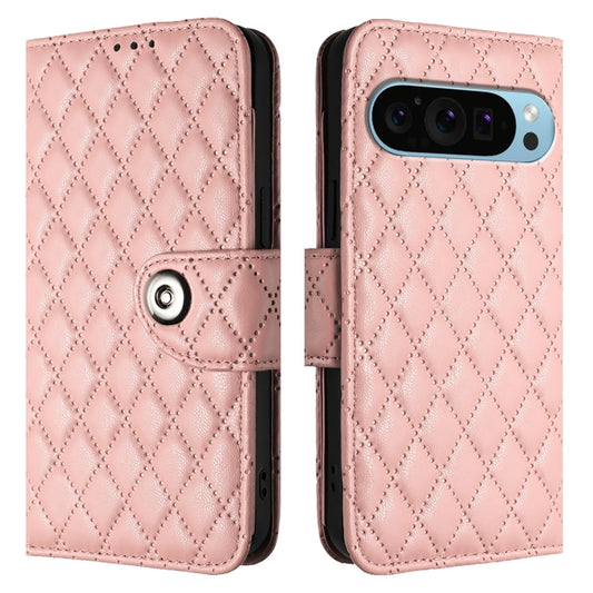 For Google Pixel 9 / Pixel 9 Pro Rhombic Texture Flip Leather Phone Case with Lanyard(Coral Pink) by buy2fix