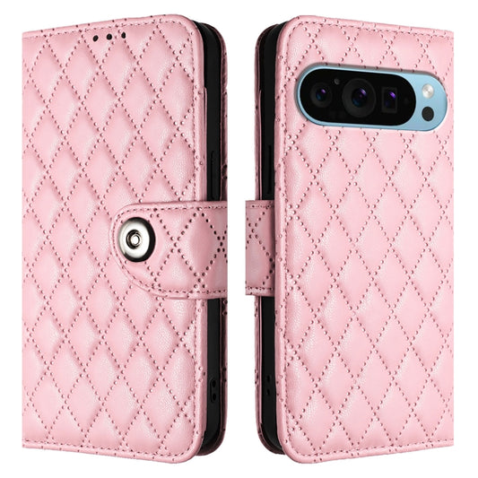 For Google Pixel 9 / Pixel 9 Pro Rhombic Texture Flip Leather Phone Case with Lanyard(Pink) by buy2fix