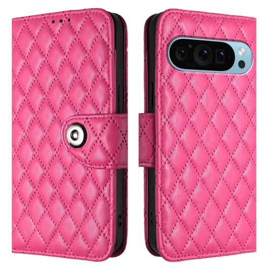For Google Pixel 9 Pro XL Rhombic Texture Flip Leather Phone Case with Lanyard(Rose Red) by buy2fix