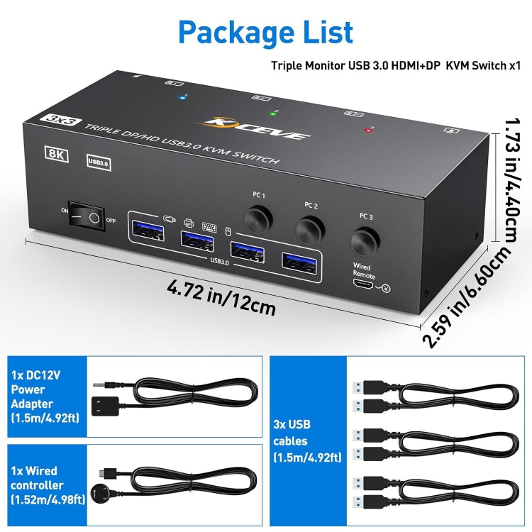 KC-KVM303DH 8K 60Hz USB3.0 DP+DP+HDMI Triple Monitors KVM Switch(EU Plug) by buy2fix