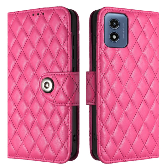 For Motorola Moto G Play 4G 2024 Rhombic Texture Flip Leather Phone Case with Lanyard(Rose Red) by buy2fix