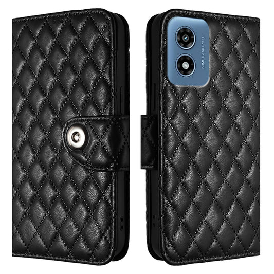 For Motorola Moto G 5G 2024 Global Rhombic Texture Flip Leather Phone Case with Lanyard(Black) by buy2fix