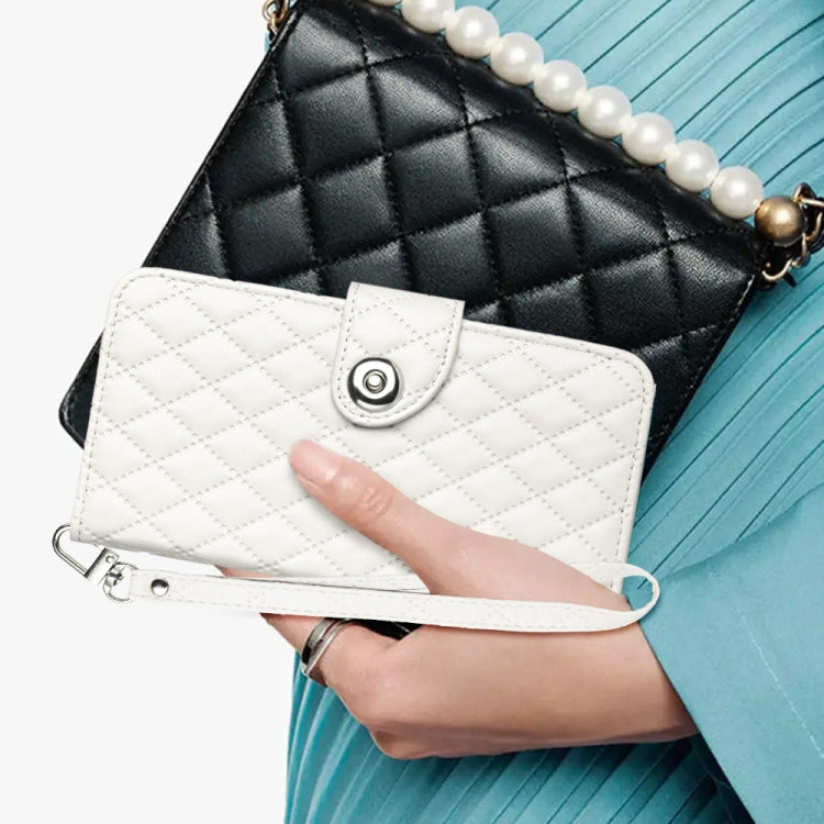 For Motorola Moto G 5G 2024 Global Rhombic Texture Flip Leather Phone Case with Lanyard(White) by buy2fix