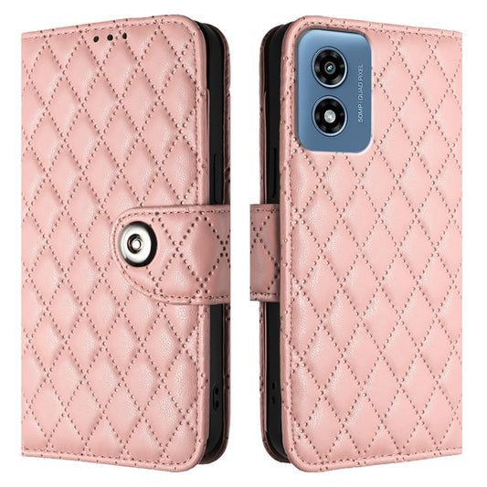 For Motorola Moto G 5G 2024 Global Rhombic Texture Flip Leather Phone Case with Lanyard(Coral Pink) by buy2fix