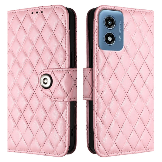 For Motorola Moto G 5G 2024 Global Rhombic Texture Flip Leather Phone Case with Lanyard(Pink) by buy2fix