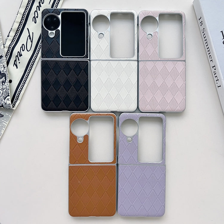 For OPPO Find N3 Flip Pearlescent Paint Diamond Shaped Checkered Leather Phone Case(Brown) by buy2fix