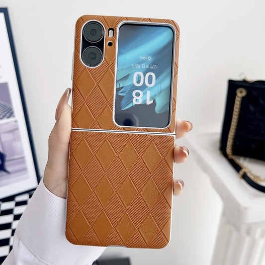 For OPPO Find N2 Flip Pearlescent Paint Diamond Shaped Checkered Leather Phone Case(Brown) by buy2fix