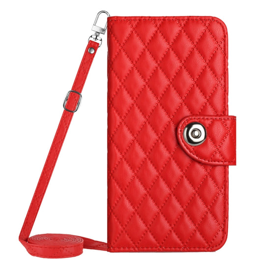 For Motorola Moto G Play 4G 2024 Rhombic Texture Flip Leather Phone Case with Long Lanyard(Red) by buy2fix
