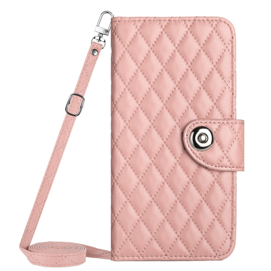 For Motorola Moto G Power 5G 2024 Rhombic Texture Flip Leather Phone Case with Long Lanyard(Coral Pink) by buy2fix