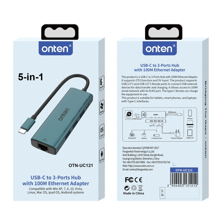 Onten UC121 5 in 1 USB-C / Type-C to USB 3.0 HUB with 5V Input & 100Mbps Network Card by Onten