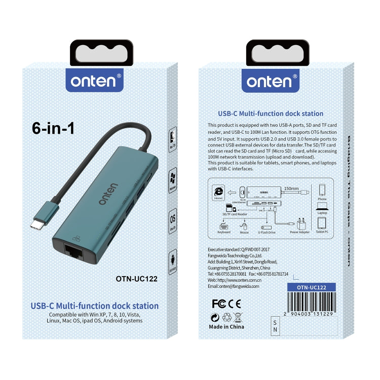 Onten UC122 6 in 1 USB-C / Type-C to SD + TF Card + USB 3.0 HUB with 5V Input & 100Mbps Network Card by Onten