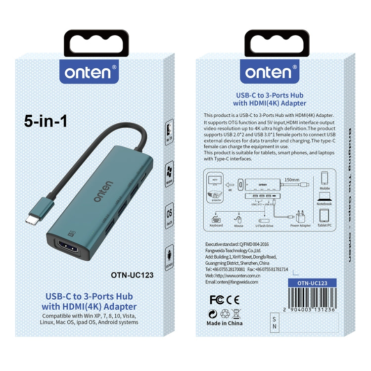 Onten UC123 5 in 1 USB-C / Type-C to HDMI + USB3.0 HUB Docking Station with 5V Input by Onten