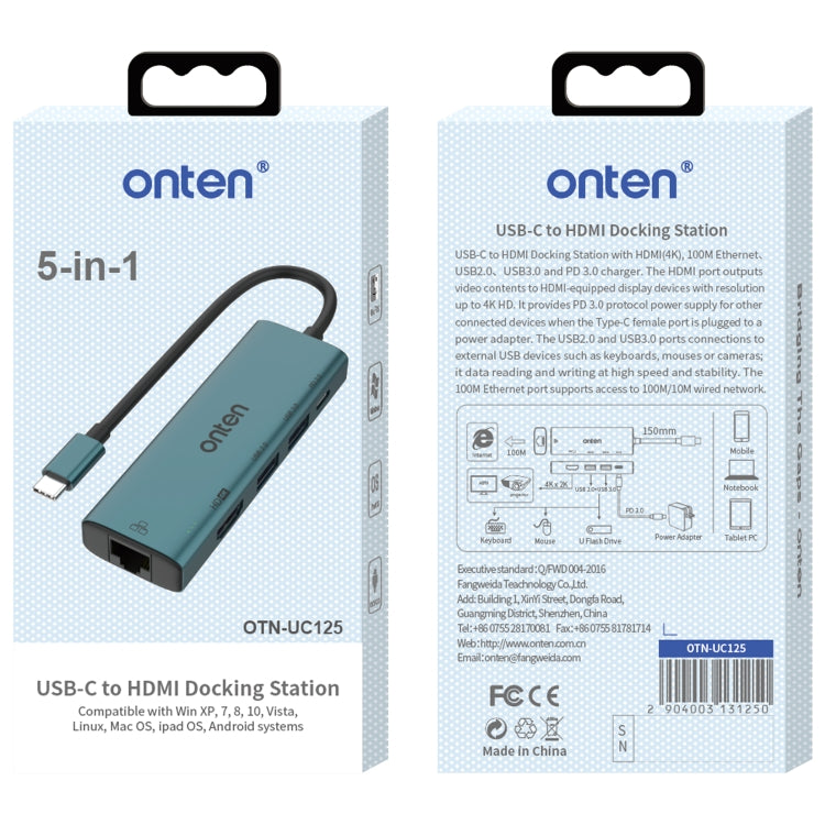 Onten UC125 5 in 1 USB-C / Type-C to HDMI+USB3.0+PD3.0 Multi-function HUB with 100Mbps Network Card by Onten