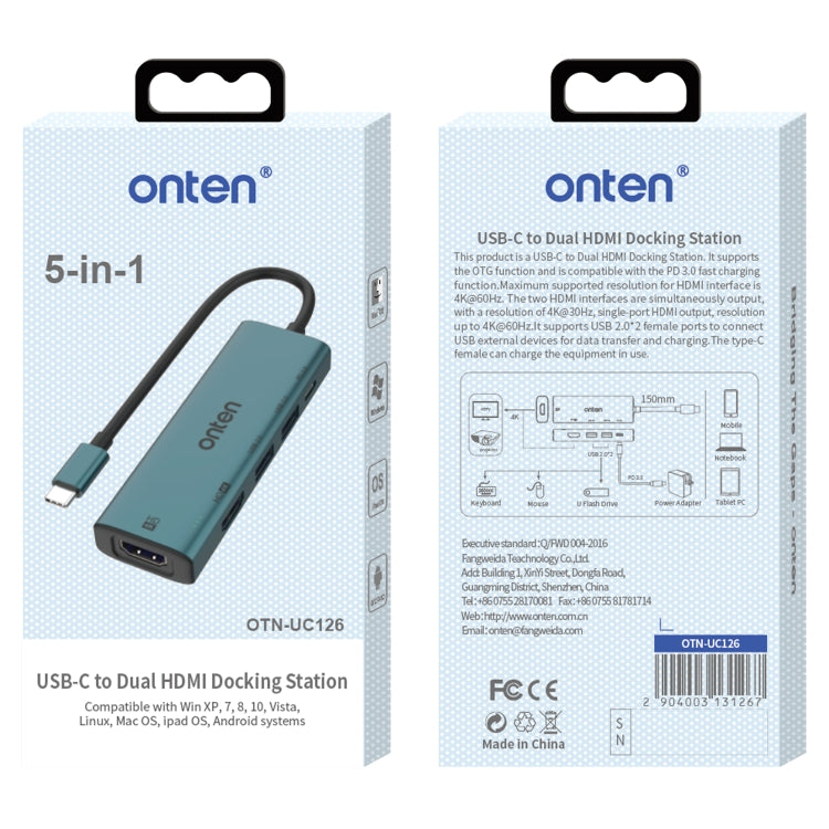 Onten UC126 5 in 1 USB-C / Type-C to Dual HDM I+ USB2.0 + PD3.0 Multi-function HUB Docking Station by Onten