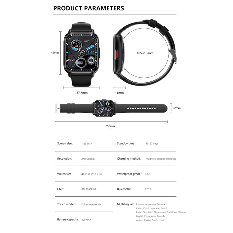 DM05 1.83 inch BT5.2 Smart Sport Watch, Support Sleep / Heart Rate / Blood Oxygen / Temperature / Heart Sugar/ Blood Pressure Health Monitor(Black) by buy2fix
