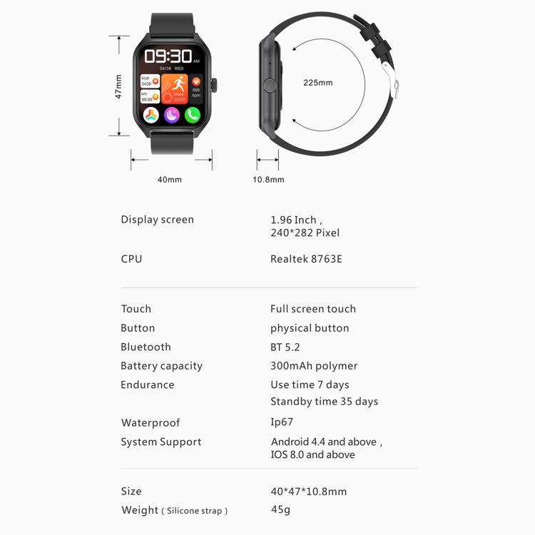 Qx5 1.96 inch BT5.2 Smart Sport Watch, Support Bluetooth Call / Sleep / Blood Oxygen / Temperature / Heart Rate / Blood Pressure Health Monitor(Black) by buy2fix